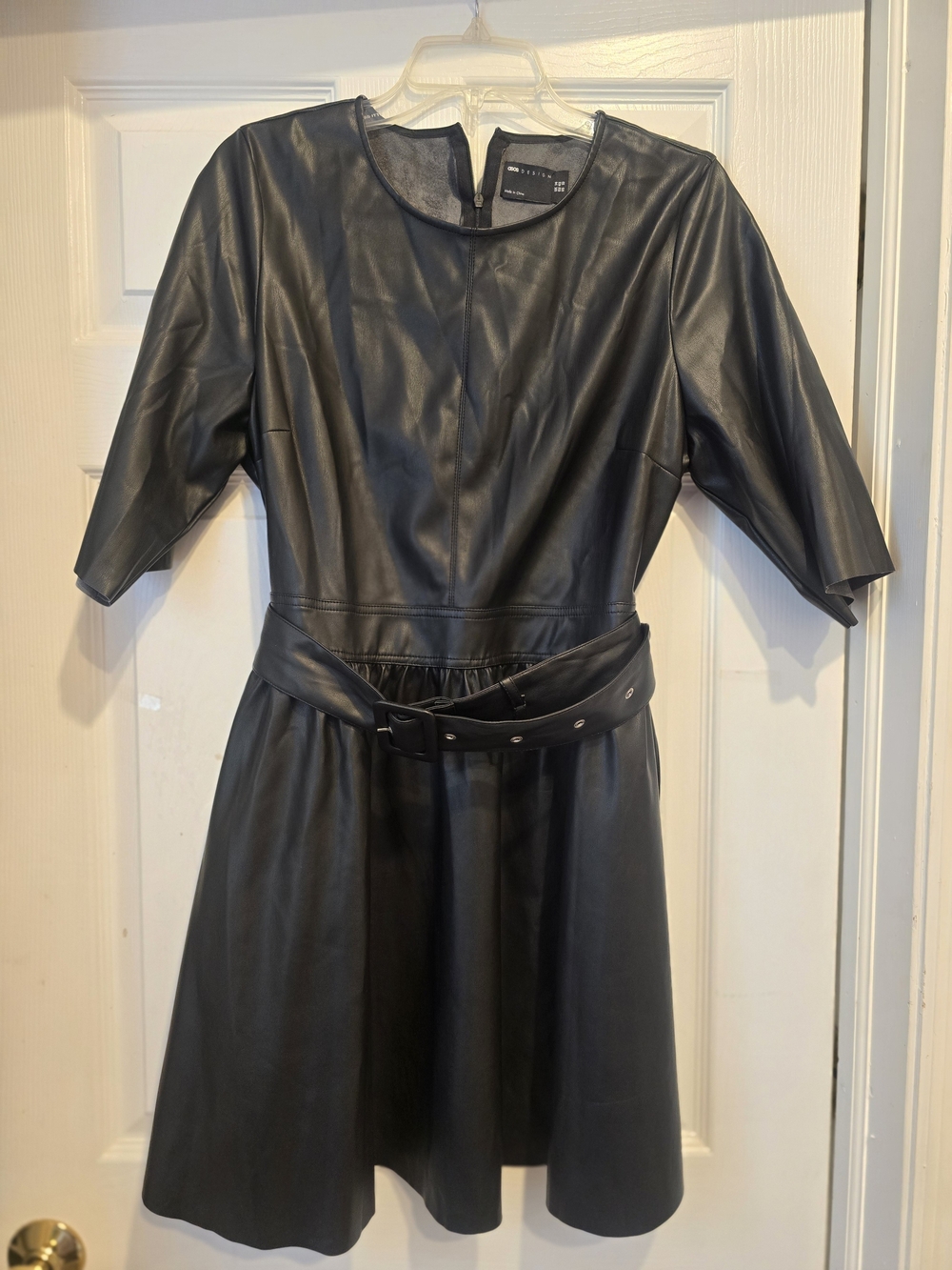 ASOS Design Black Faux Leather Belted Fit & Flare Dress Size 10